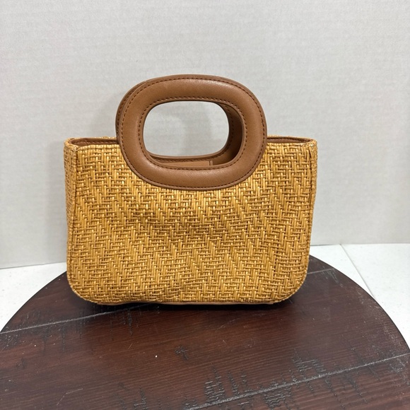 Fossil Handbags - Fossil Handbag Brown Leather with Woven Raffia Double Handles Lined Purse Y2K